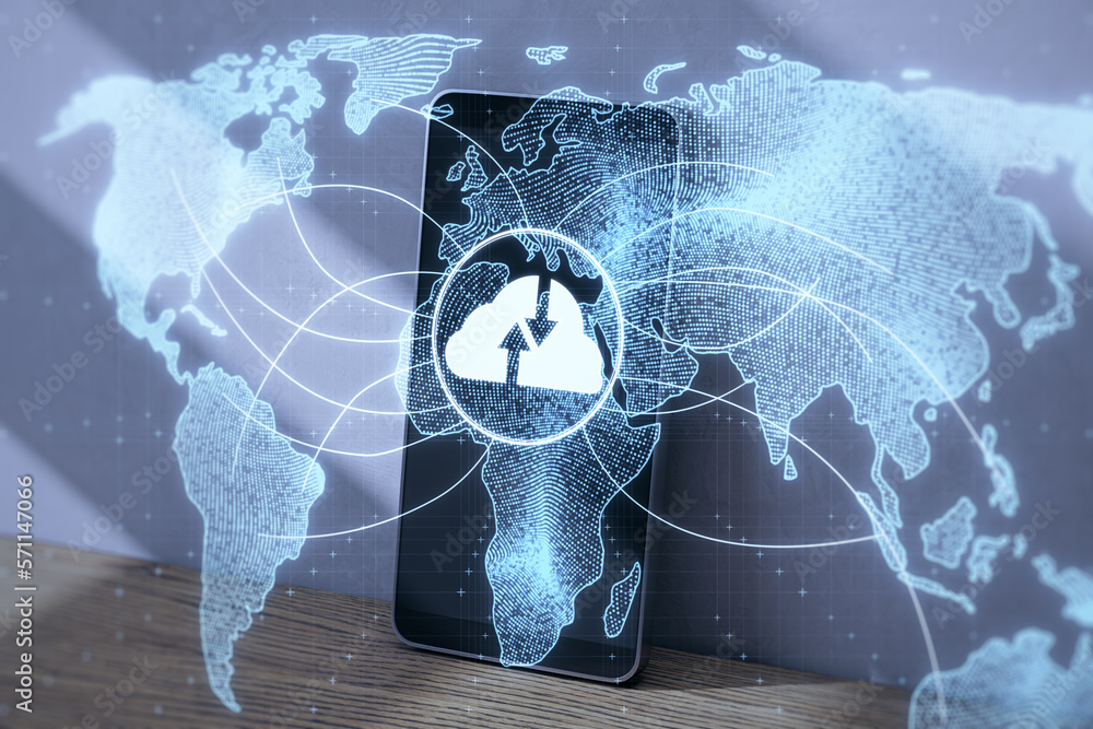 Poster Close up of cellphone on desk with glowing cloud computing map hologram on blurry background. Digital database and server concept.