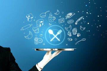 Food delivery and online cooking courses concept with digital white fork and spoon on a plate...