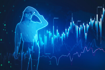 Abstract blue woman silhouette with VR glasses and growing business chart. Digital world and...