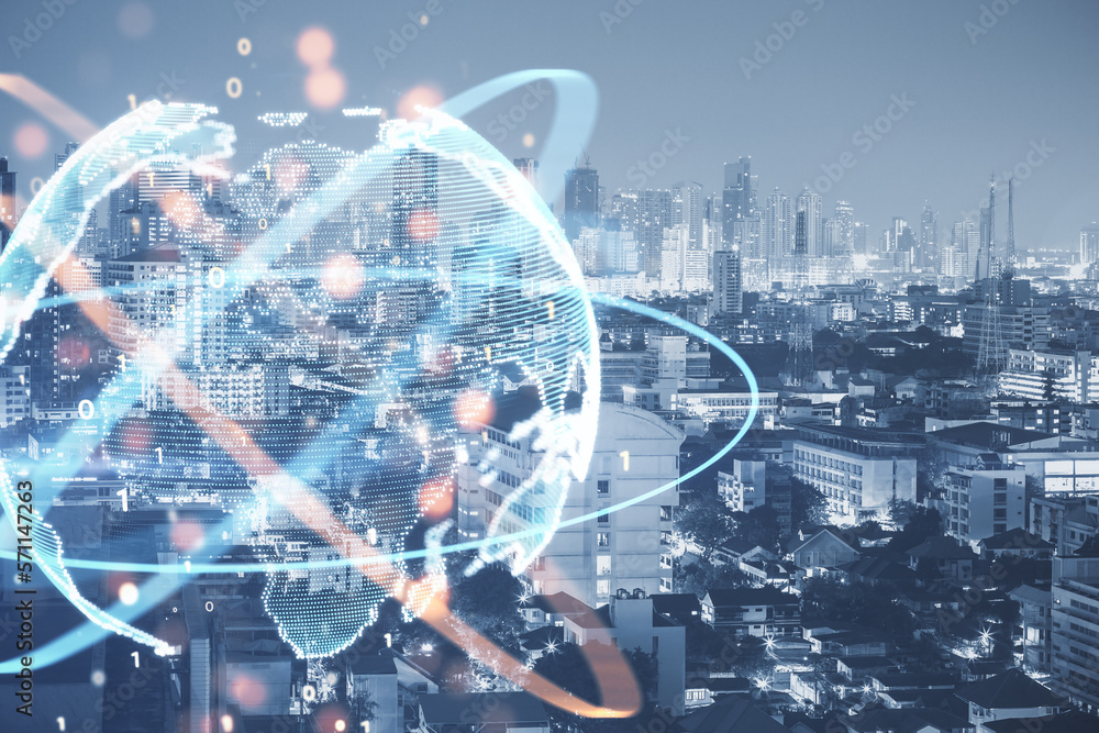 Poster creative globe sphere with coding and polygonal network on blurry city background. future, technolog