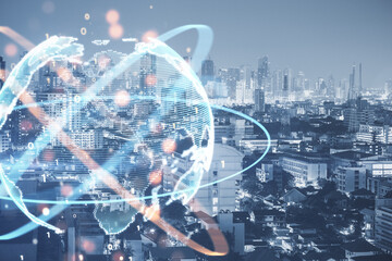 Creative globe sphere with coding and polygonal network on blurry city background. Future, technology and digital world concept. Double exposure.