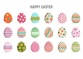 Happy Easter with set of Easter eggs with different texture on a white background. Spring holiday. Vector Illustration