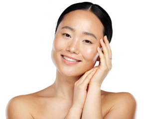 A healthy and glowing skin asian girl smiling and feeling happy after her routine treatment in spa for to nurture her soft and smooth skin isolated on a PNG background.