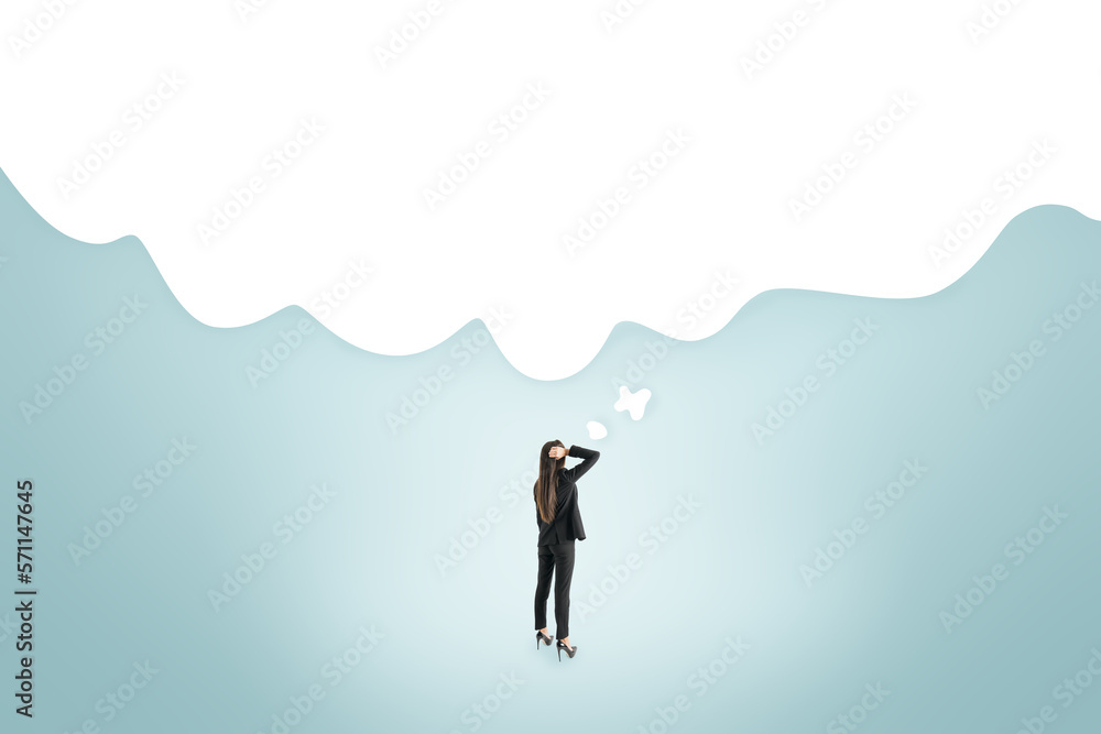 Poster making decision and right choice concept with pensive woman looking up at blank white speech bubble 