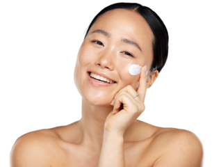 A young shirtless asian woman applying lotion or moisturizer on her soft skin to promote a skin product isolated on a png background.