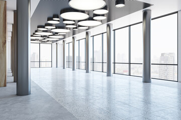 Perspective view on panoramic window with city view background in modern business center hall with illuminated round lamps and metallic pillars on concrete floor. 3D rendering