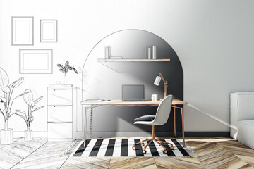 Sketch of modern home office interior. Design concept. 3D Rendering.