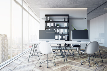 Clean glass office interior with wooden flooring, furniture, window with city view and other objects. 3D Rendering.
