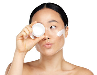 An attractive young Asi model endorsing natural and safer skin care products isolated on a png...