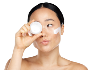 An attractive young Asi model endorsing natural and safer skin care products isolated on a png background. An attractive young woman posing for cosmetics or skin care.