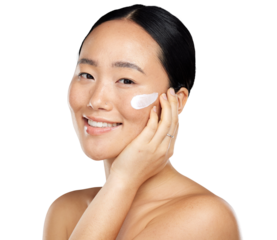 A top less asian woman using a sunscreen lotion or a spf for a better skin protection or endorsing a brand or a company isolated on a png background.