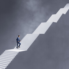 Businessman climbing huge concrete stairs. Success, growth, future and aim concept.
