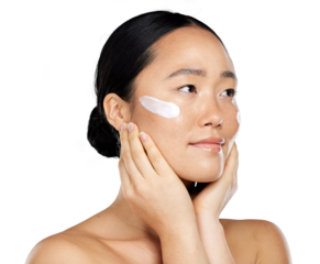 A modern young korean girl using a skincare product for glowing and maintain healthy facial skin isolated on a png background. Thinking, wellness, and Asian model with facial lotion.
