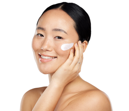 A top less asian woman using a sunscreen lotion or a spf for a better skin protection or endorsing a brand or a company isolated on a png background.