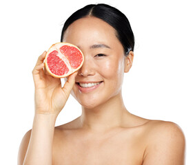 An attractive young asian woman posing in off shoulders with a grapefruit for wellness, healthy skin and vitamin c cosmetics isolated on a png background.