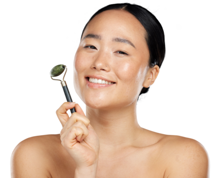 Woman, beauty and makeup roller for cosmetic luxury face skincare health isolated on a png background. Facial massage accessory, anti aging cosmetics routine.