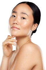 A beautiful young asian woman for posing for cosmetics, skin care, wellness and natural makeup product company or product isolated on a png background.