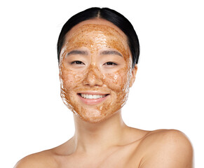 A smiling japanese woman or a beauty model using a shiny face mask at a skincare spa with natural...