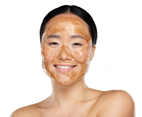 A smiling japanese woman or a beauty model using a shiny face mask at a skincare spa with natural sugar scrub product isolated on a png background.