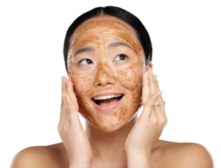 An asian woman with a face mask for healthy, smooth and soft skin and feeling happy with cosmetic result. A beauty model with facial cleaning product isolated on a png background.
