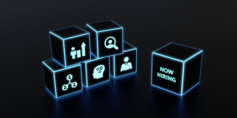 Business, Technology, Internet and network concept. NOW HIRING inscription, modern technology business concept. 3d illustration