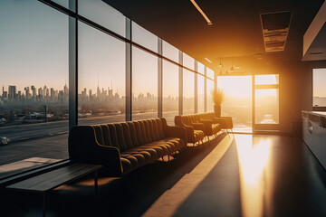 Modern design waiting room with setting sun shines coming in from the large window, Generative AI