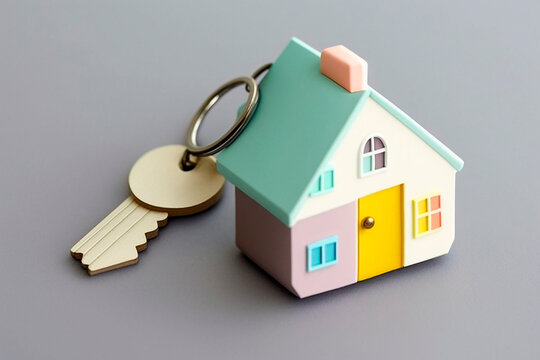 House key with keychain house shape, concept of living, generative ai
