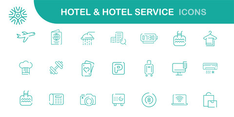 Set of hotel service vector icons in line style, hotel. Amenities, Hotel room, Real estate. Line with editable stroke