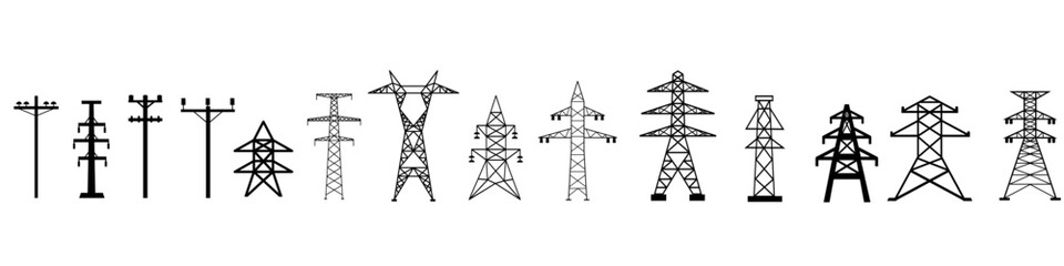 Electricity Tower icon vector set. Transmission Tower illustration sign collection. Power Lines symbol. Electrical Lines logo. - obrazy, fototapety, plakaty