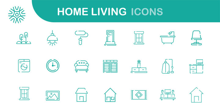 Simple Set of Home Room Types Related Vector Line Icons. home decoration thin line icons Contains such Icons as Kitchen, Living Room, Storage System and more. 