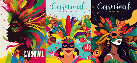 Photo sur Plexiglas Carnaval Set of Colorful Brazil Carnival Posters. Woman Wear Traditional Feather. Rio Party Flat Bright Illustration. Banner, Flyer or Poster Template. Generative Ai.