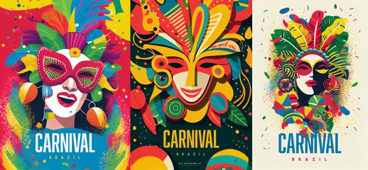 Papier Peint photo Lavable Carnaval Set of Colorful Brazil Carnival Posters. Woman Wear Traditional Feather. Rio Party Flat Bright Illustration. Banner, Flyer or Poster Template. Generative Ai.