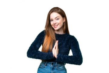 Young pretty woman over isolated chroma key background keeps palm together. Person asks for something