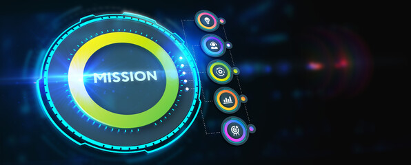 Mission concept. Financial success concept on virtual screen. Business, technology, internet and networking concept. 3d illustration
