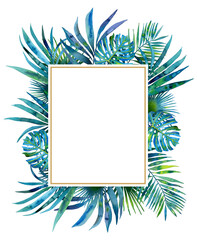 Background with watercolor tropical leaves. Backdrop decorated of foliage of exotic plants. Invitation card. Natural border. Botanical Hand drawn illustration isolated.	