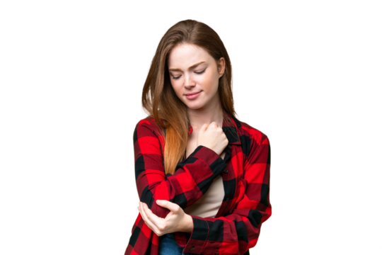 Young pretty woman over isolated chroma key background with pain in elbow