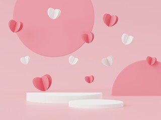 Happy Valentines Day. Minimal sweet love scene with display podium for mock up and product brand presentation. Pink Pedestal stand. Cute lovely heart background. Love day's design style. 3D render.