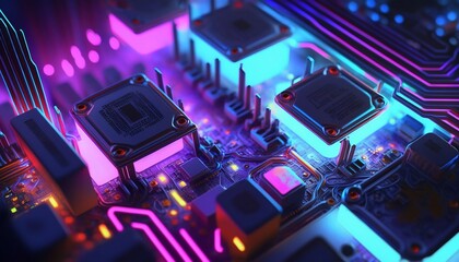 Abstract glowing neon computer circuits, AI generated image
