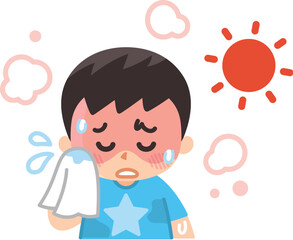 熱中症　日射病　暑さに耐える男の子