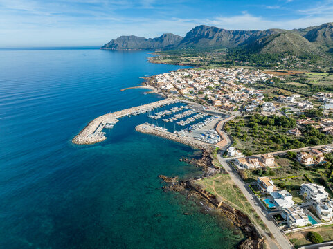 Spain, Balearic Islands, Colonia de Sant Pere, Aerial view of coastal town at northeast coast of Majorca