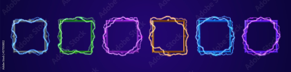 Poster ui square border for profile avatar in game with electricity lightning effect. neon thunderbolt fram