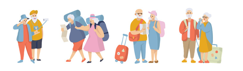 elderly 's  couple tourist, senior traveler, enjoy retire life with luggage camera and handbag. isolated Vector illustration on white background
