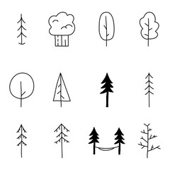 Minimalist tree icons collection. Line art silhouette trees. Stock vector symbols set