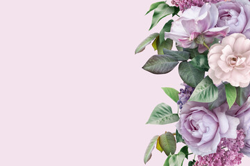 Floral banner, header with copy space. Lilac and roses isolated on dark pastel pink background. Natural flowers wallpaper or greeting card.