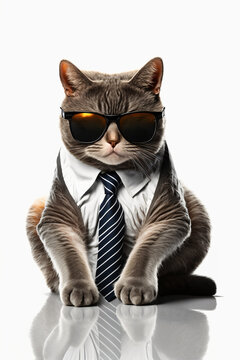 Closeup portrait of a cat wearing sunglasses and a tie. Designed using generative ai. 