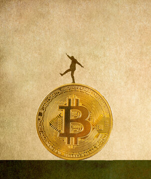 Illustration of man balancing on top of large Bitcoin
