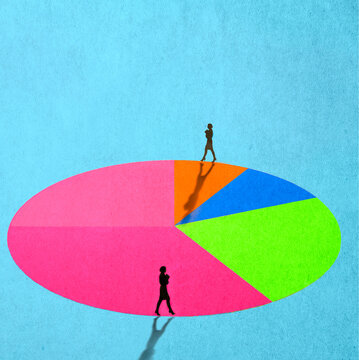 Illustration of two women walking around large pie chart
