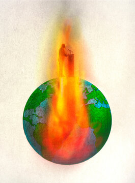 Illustration of public speaker on top of burning world
