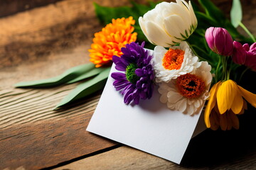 Beautiful flowers  paper card with gift card on wooden background . Generative AI