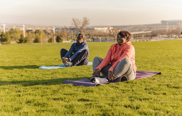 Senior couple doing yoga in park